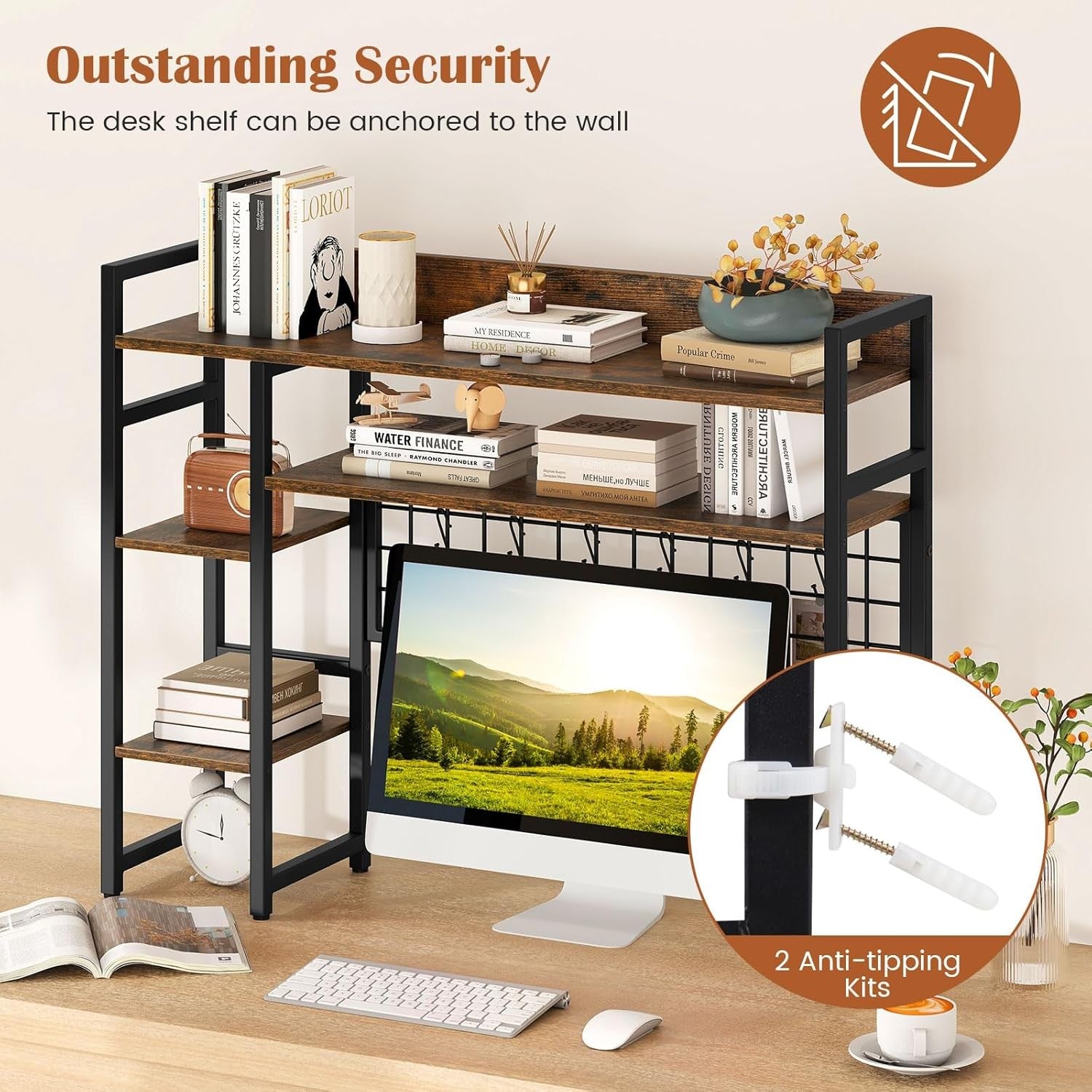 4-Tier Rustic Desktop Hutch Bookshelf Monitor Stand with Hooks Desk Organizer