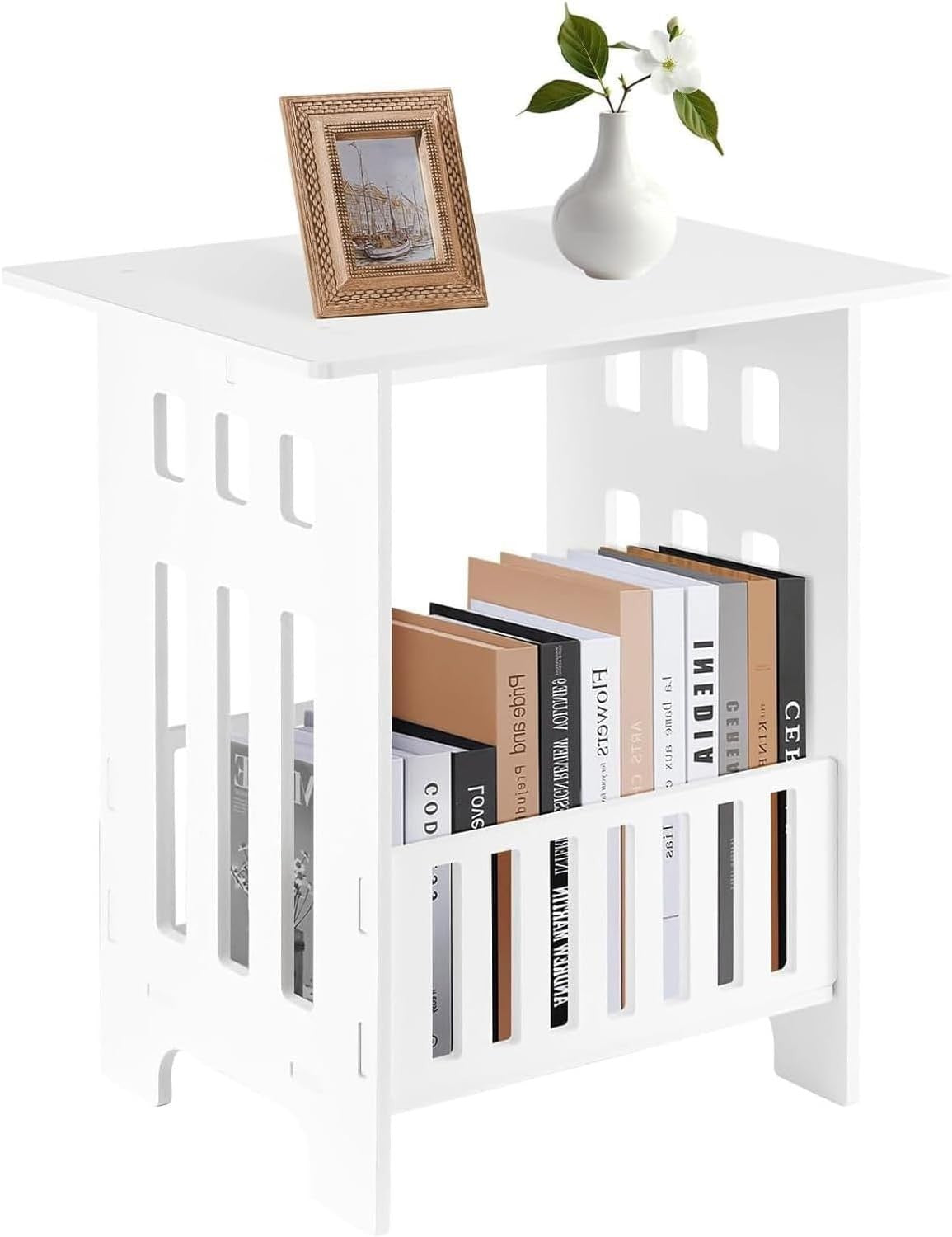 White Small Side Table with Shelf – Compact Bedside/Lamp Stand 34x25x40cm