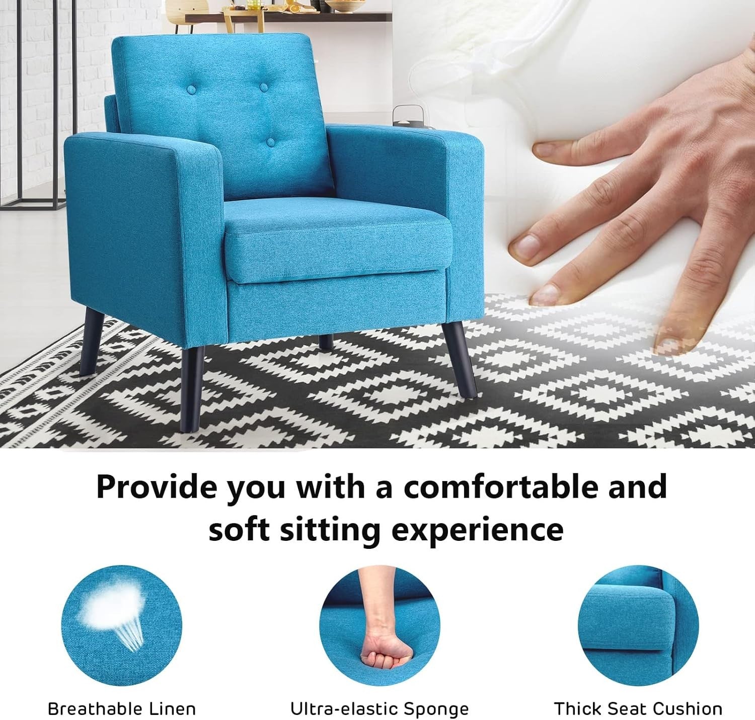 Blue Accent Armchair Button Tufted Linen Lounge Chair