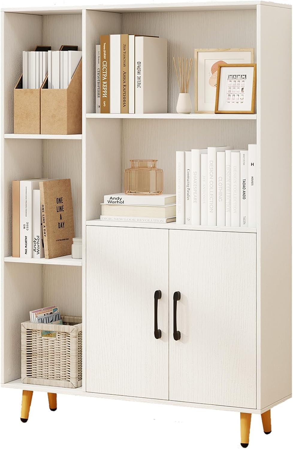 Modern Tall Storage Bookcase with Doors & Open Shelves 80x23x119cm White