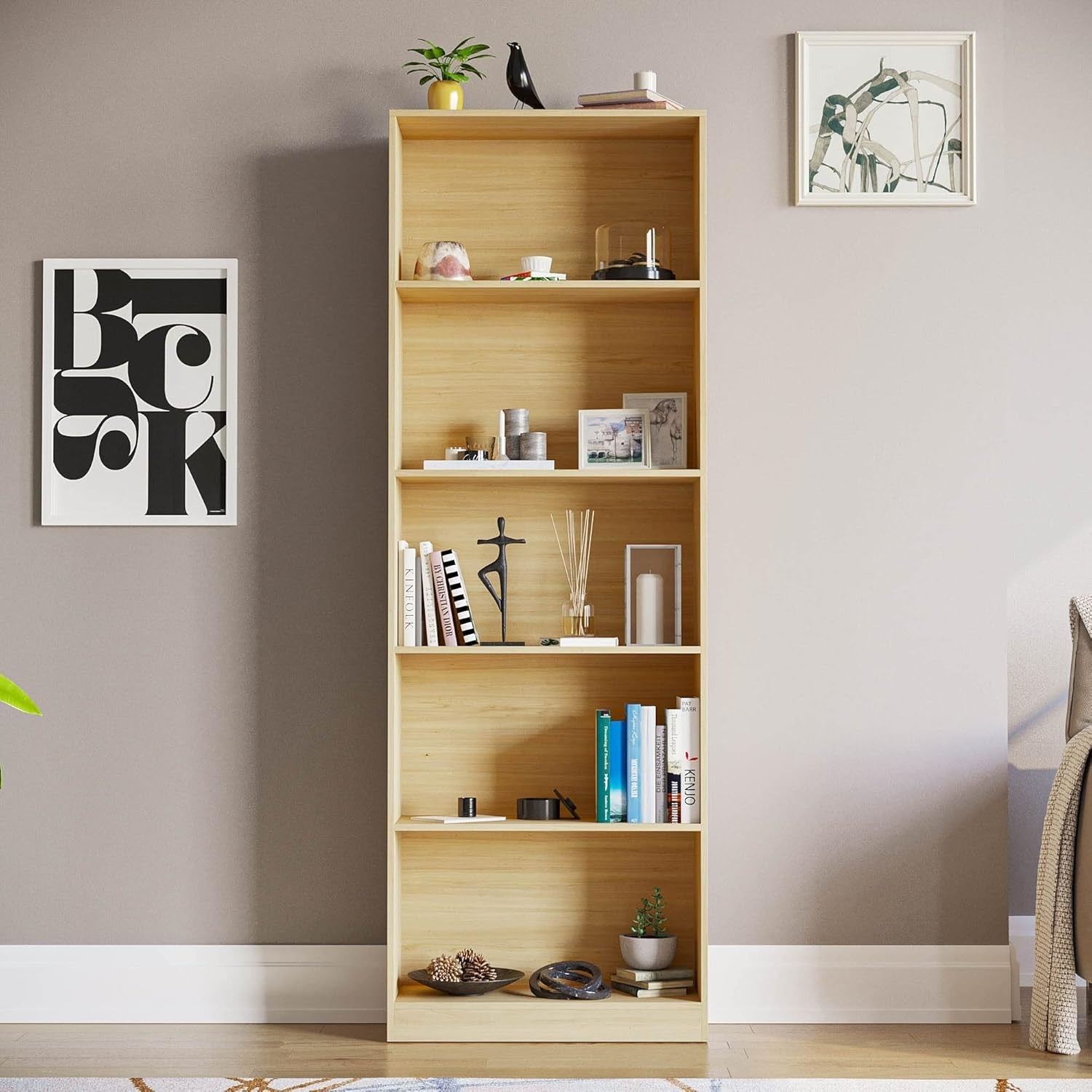 5 Tier Oak Wooden Bookcase Modern Storage Display Shelf for Living Room