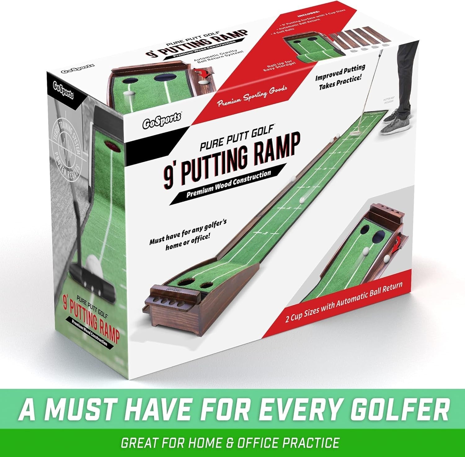 9ft Golf Putting Green Mat Indoor Practice Trainer Dual Hole Ramp Set