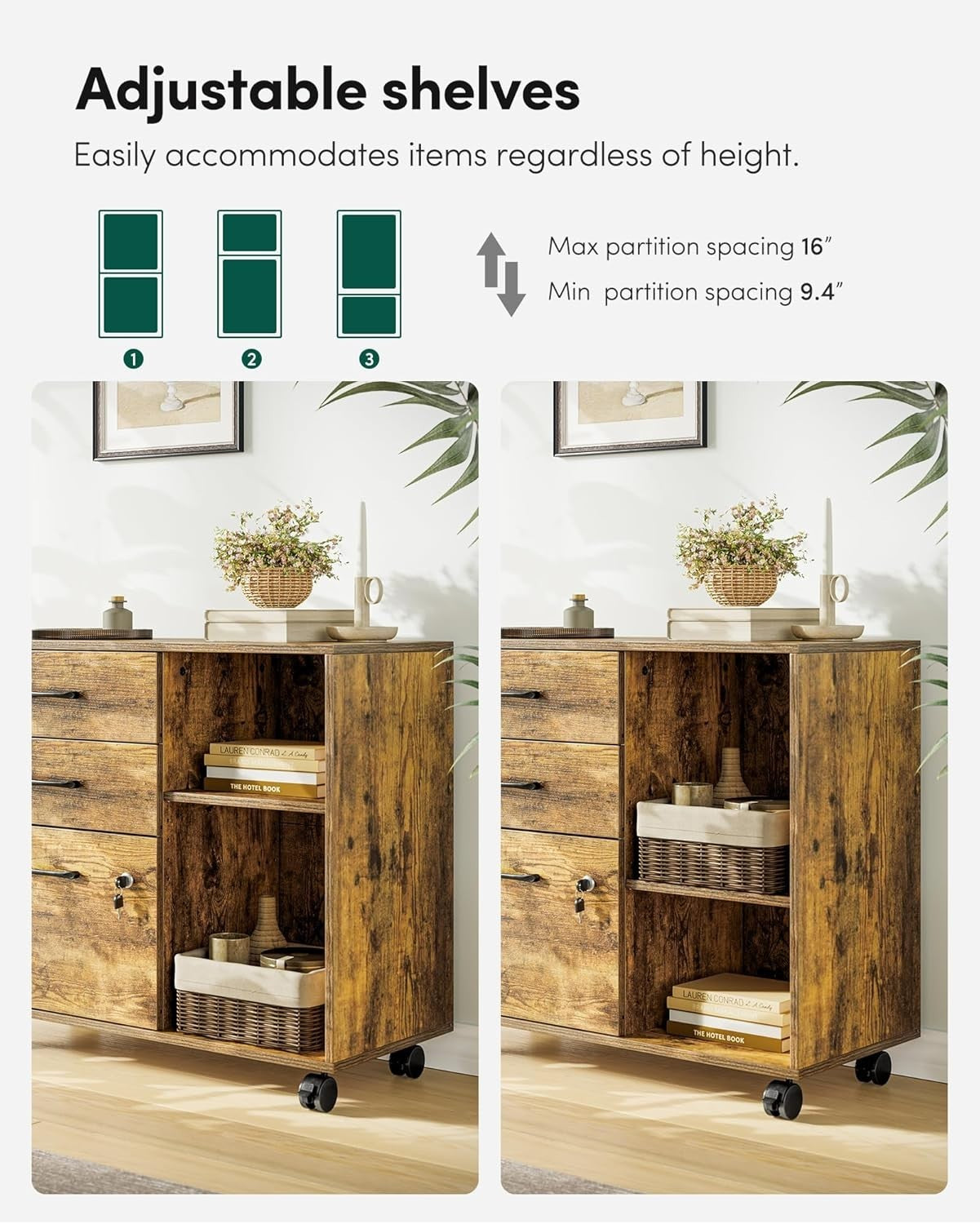 Rustic Brown Mobile Filing Cabinet 80cm Lockable Printer Stand