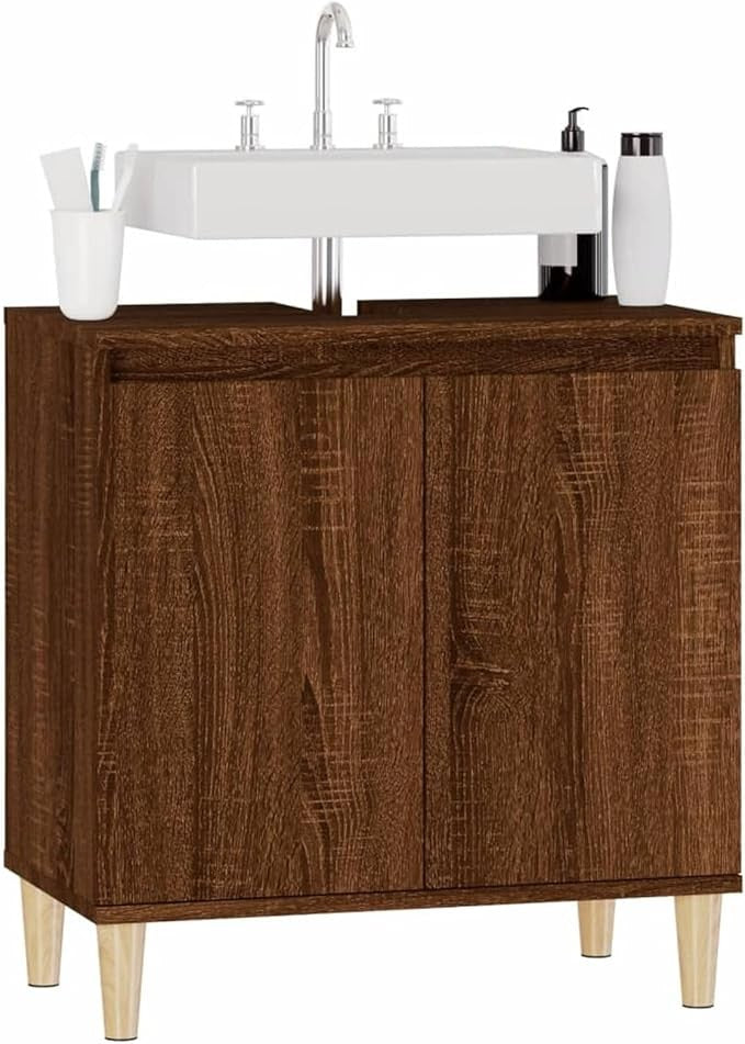 Brown Oak Under Sink Bathroom Cabinet 58cm Modern Vanity Storage Unit Cupboard