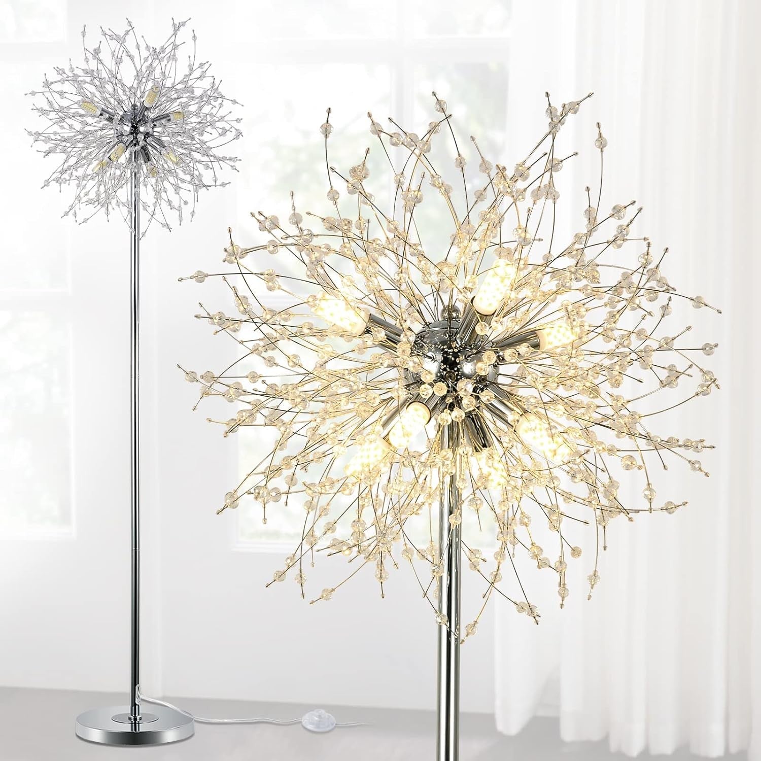 Modern Crystal Firework Floor Lamp Chrome 8 Light Tall Standing Light