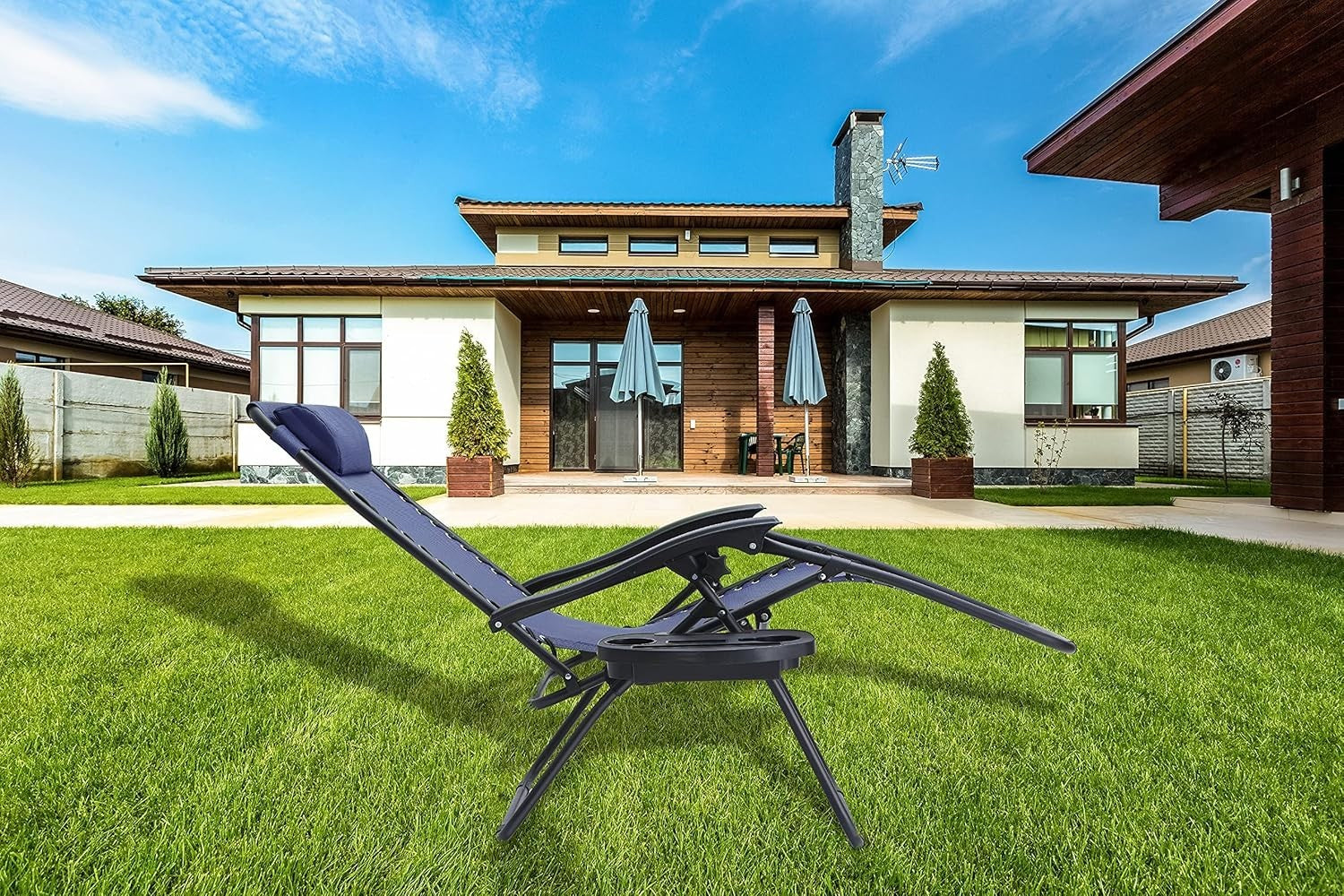 Zero Gravity Outdoor Reclining Chairs Set of 2 Foldable Sun Loungers Navy