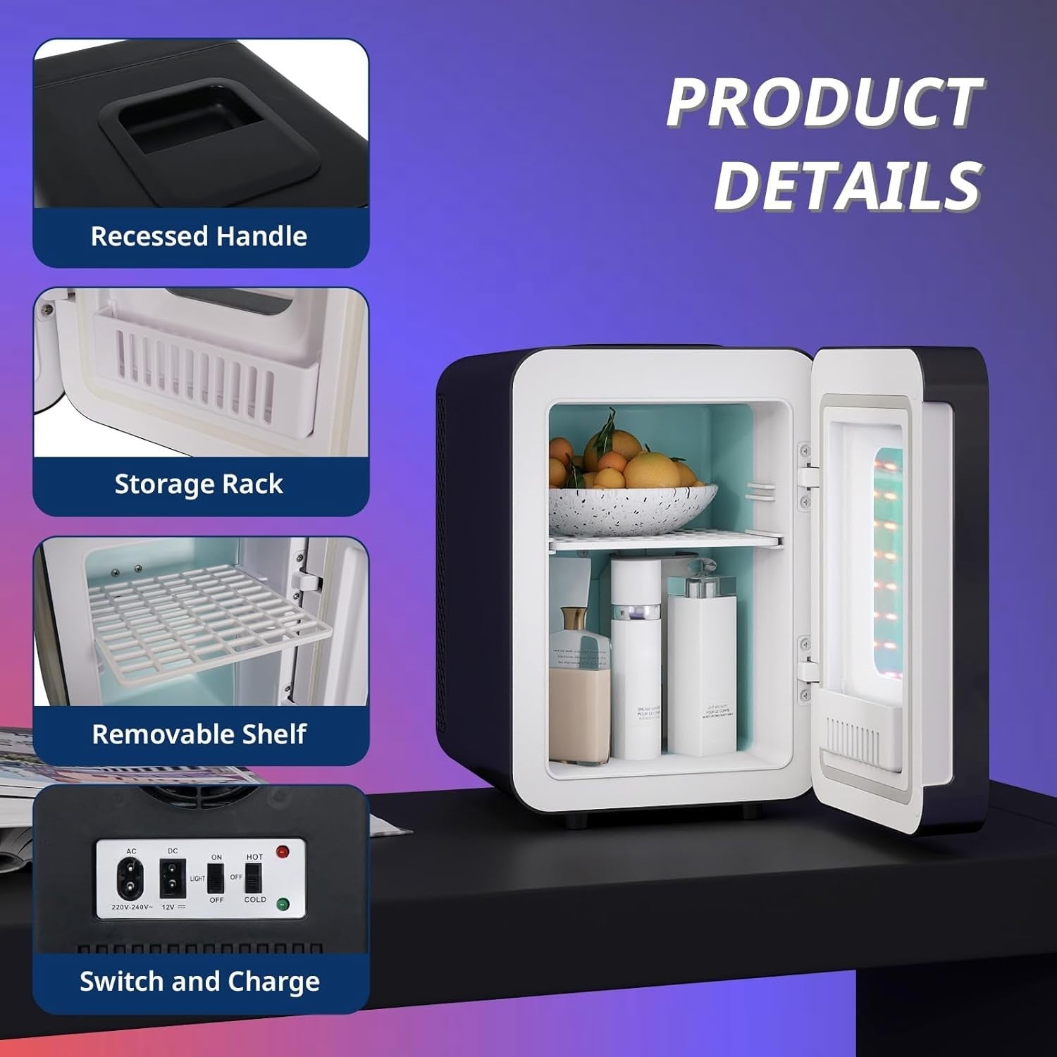 Portable Mini white Fridge 4L AC/DC LED RGB Mirror Gamer Bedroom Car