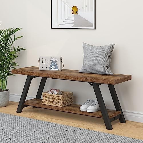 Rustic Brown Industrial Storage Bench Metal Frame Shoe Rack Seat for Entryway