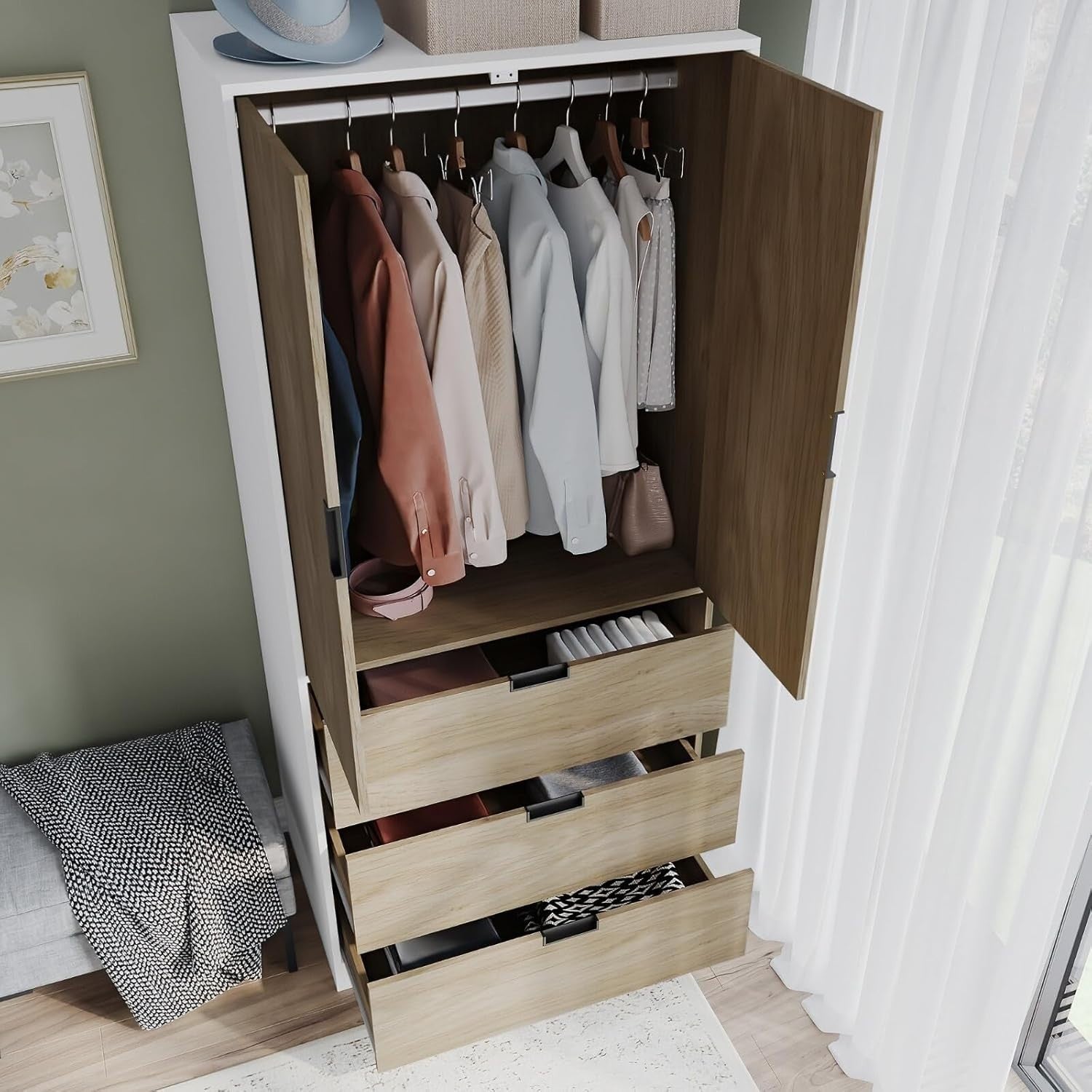 Oak 2 Door Wardrobe with Drawers | Tall Modern Clothes Storage Unit