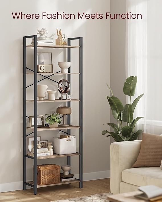 6-Tier Industrial Bookshelf Tall Greige Metal Wood Storage Shelving Unit