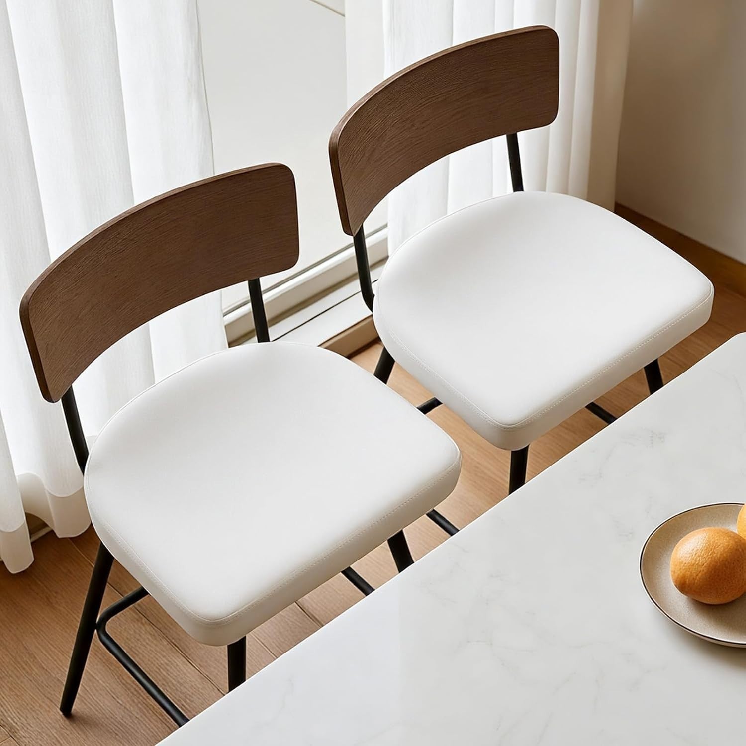 White PU Leather Swivel Bar Stools Set of 2 Mid-Century Modern Counter Chairs