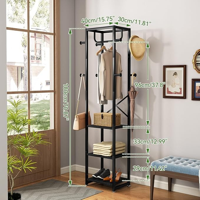 Black Industrial Coat Rack with Shelves & Hooks Freestanding Hall Stand