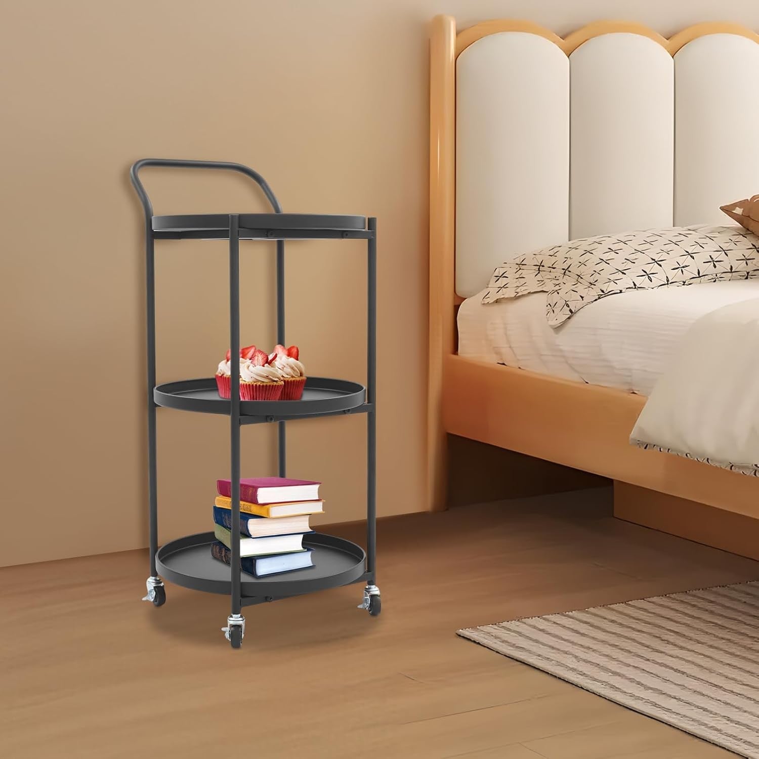 3 Tier Rolling Bar Cart Round Drinks Trolley Metal Storage Cart on Wheels