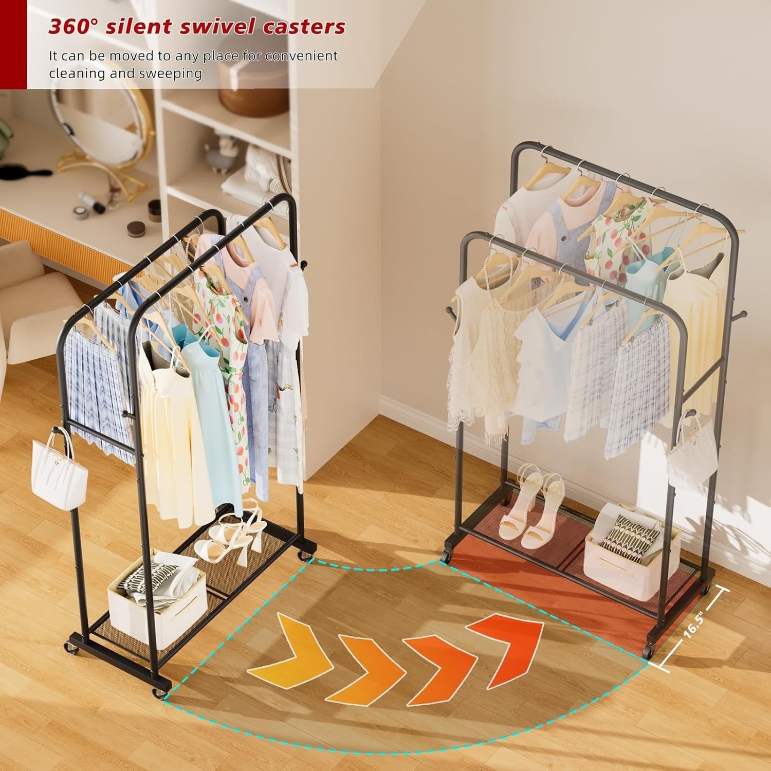 Portable Clothes Rail Black Metal Storage Rack with Wheels, Double Shelf Design