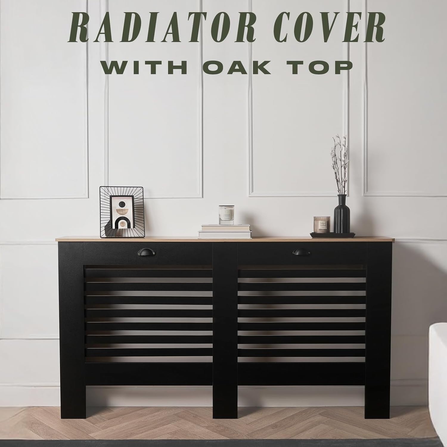 Large Black Radiator Cover with Oak Top – Modern MDF Slatted Cabinet