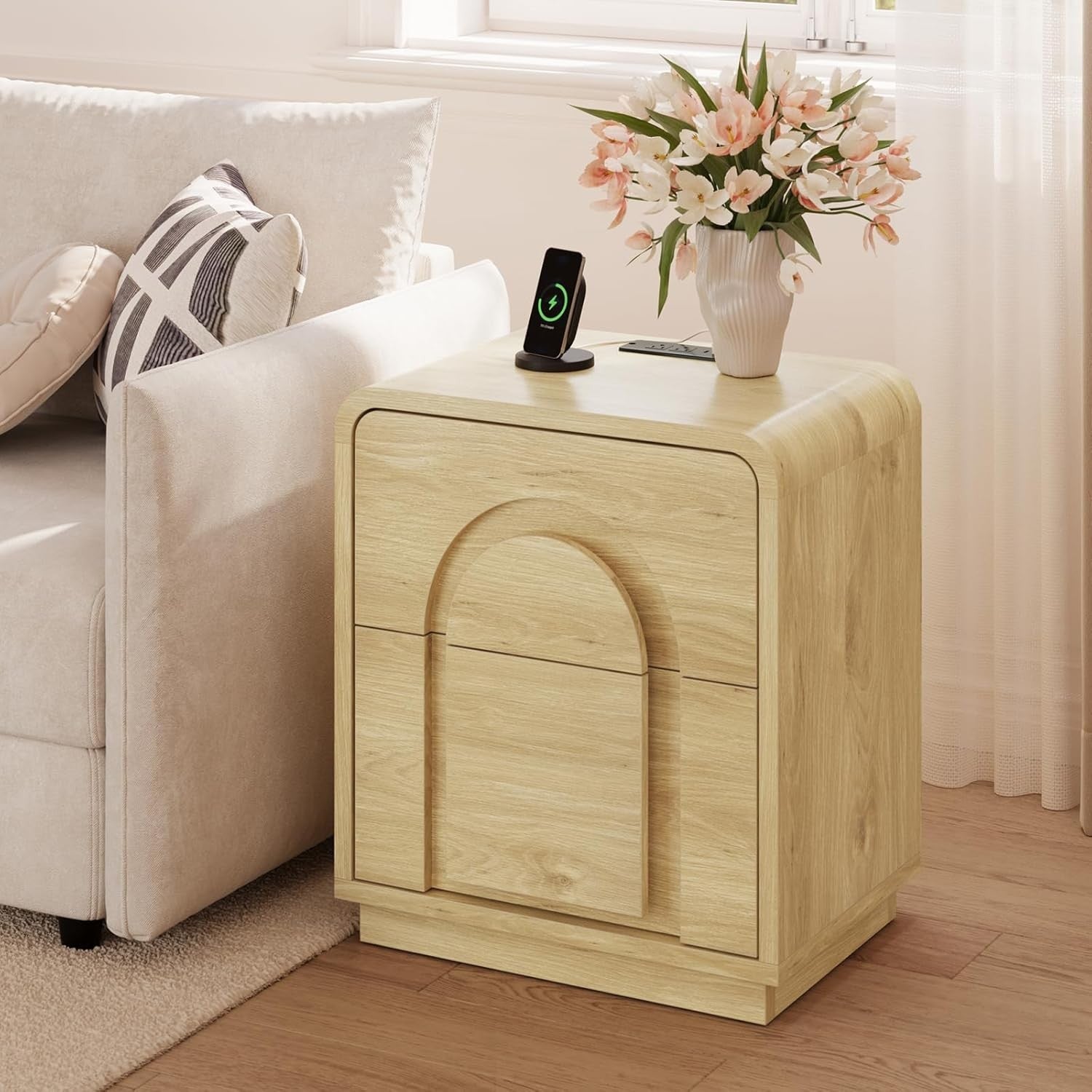 Mid Century Curved Bedside Table with Charging Station & 2 Drawers Storage