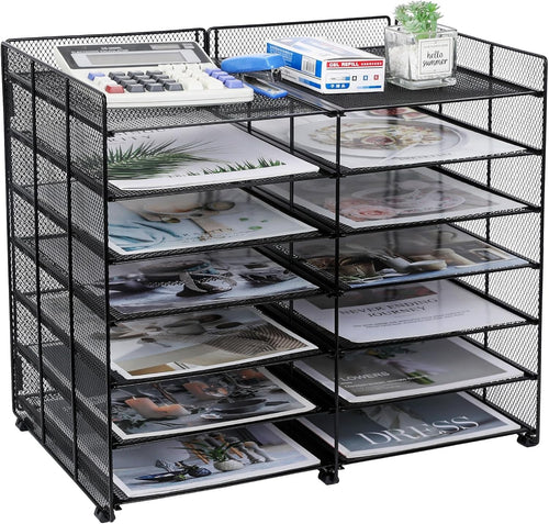 7-Tier Adjustable Mesh Desk Organiser, 12 Compartment File & Letter Tray Rack, B