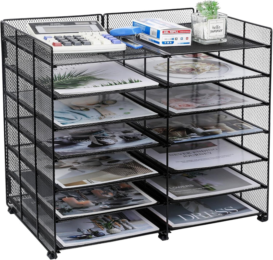 7-Tier Adjustable Mesh Desk Organiser, 12 Compartment File & Letter Tray Rack, B