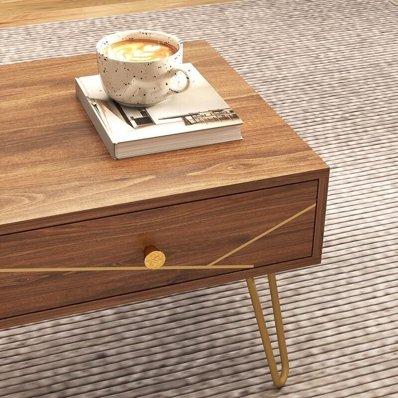 Modern Coffee Table with Storage Drawers & Gold Legs – 100cm, Brown