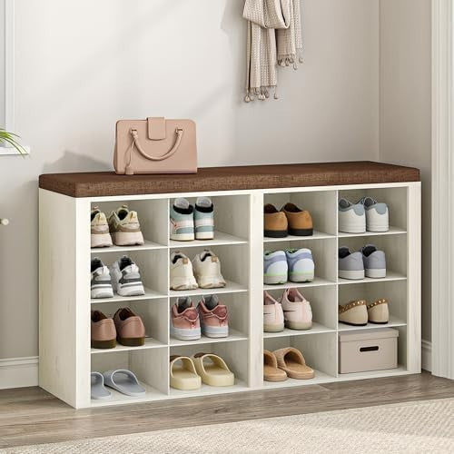 White & Brown Shoe Storage Bench with Cushion & 16 Adjustable Compartments