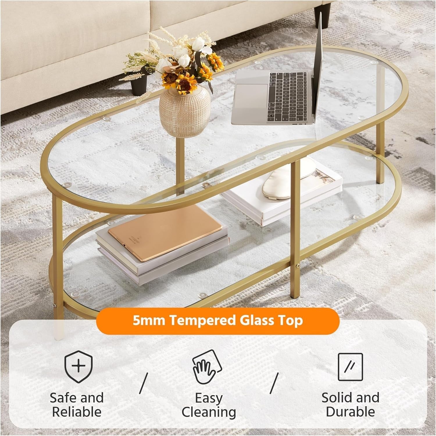 Modern Oval Glass Coffee Table 2-Tier Storage Metal Frame 106x50x44cm