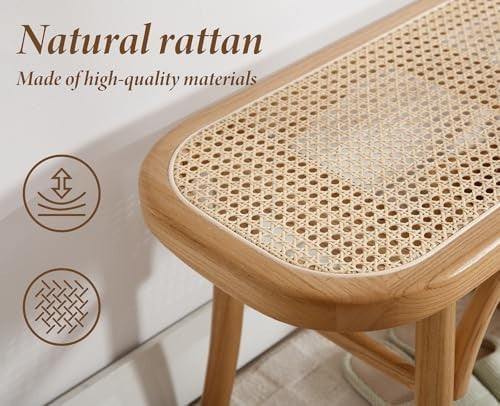 Natural Rattan Ottoman Bench with Wood Legs – Retro Hallway & Dining Seat