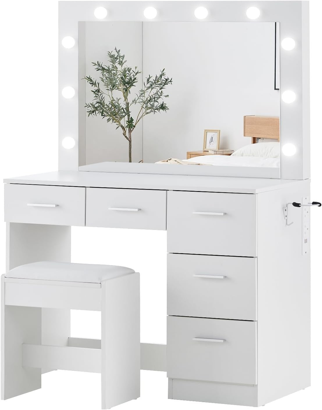 White Dressing Table Set 5 Drawers LED Mirror Charging Station Makeup Vanity