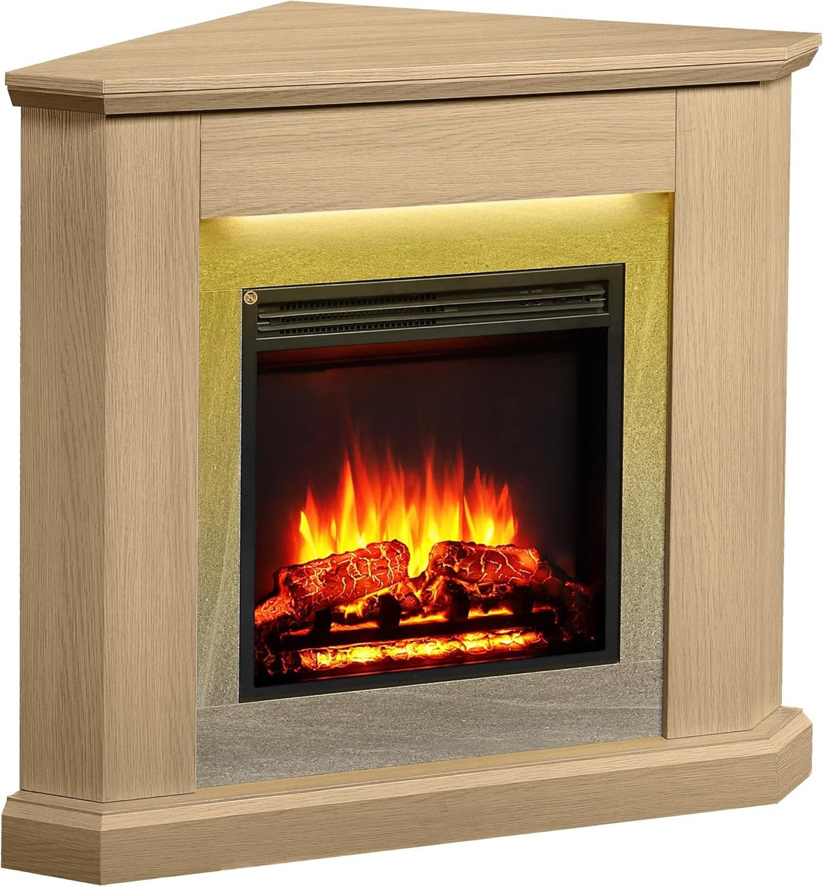 Corner Electric Fireplace 38" Natural Oak 2kW Glass Heater Suite LED