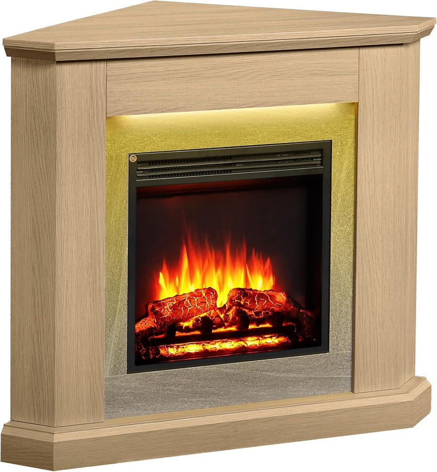Corner Electric Fireplace 38" Natural Oak 2kW Glass Heater Suite LED