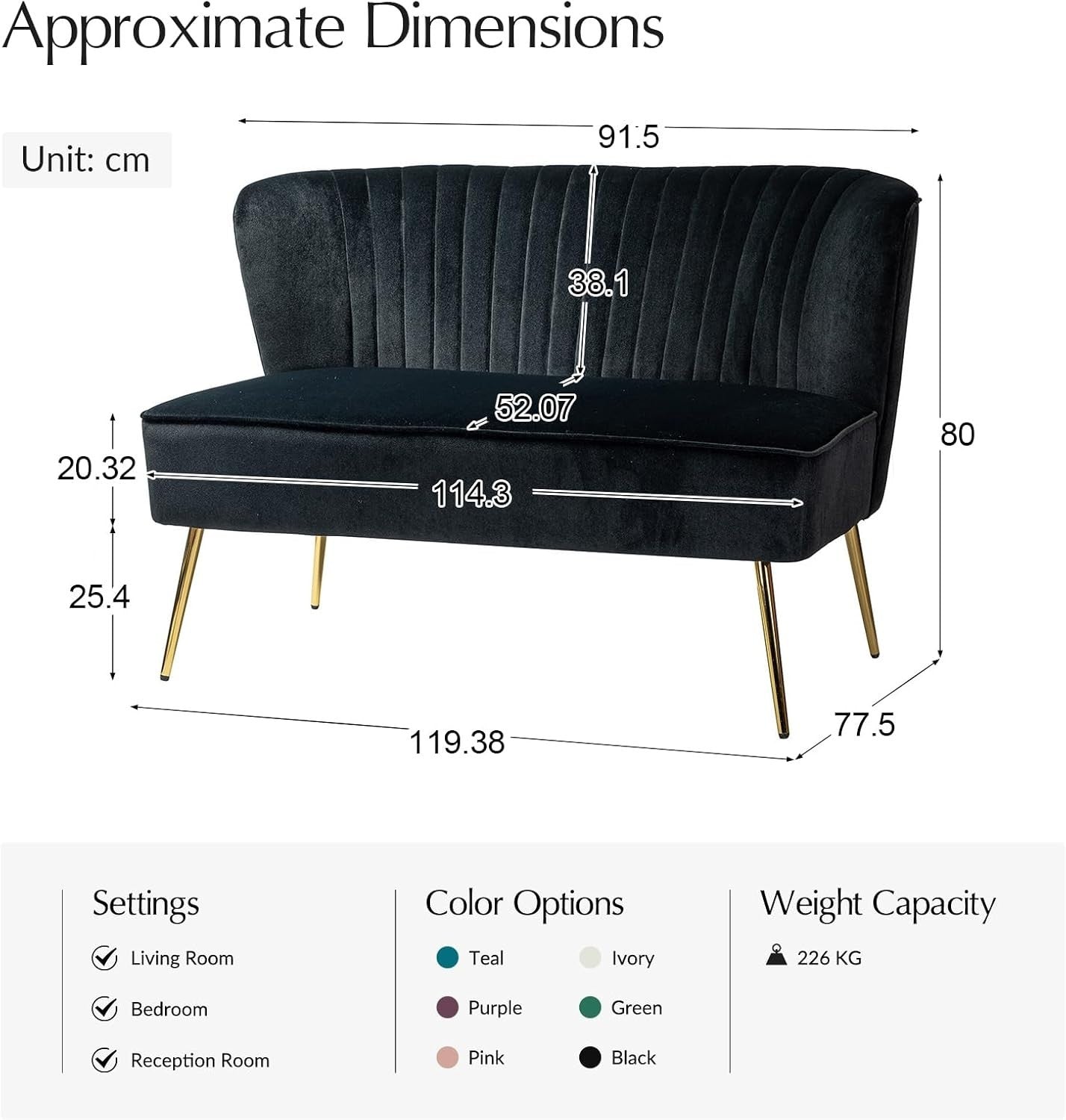Black Velvet 2 Seater Sofa Armless Loveseat Gold Legs for Lounge or Flat