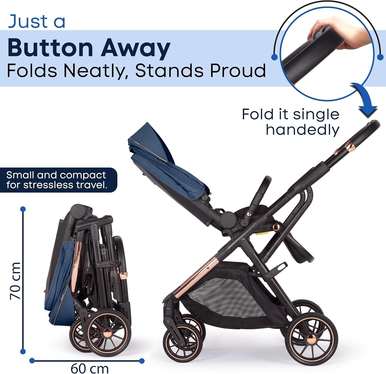 Baby Pushchair Reclining Seat Smooth Suspension Compact Stroller Blue