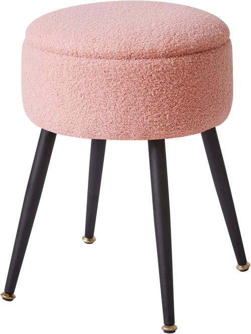 Pink Round Teddy Fur Vanity Stool with Storage – Soft Ottoman Seat