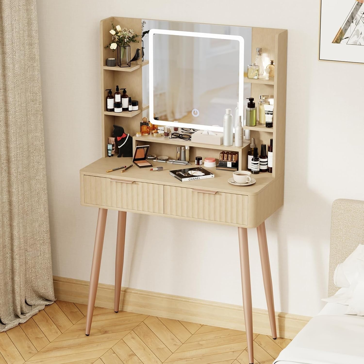 Vanity Makeup Dressing Table Desk w/ 3-Color LED Lights Mirror Storage Oak