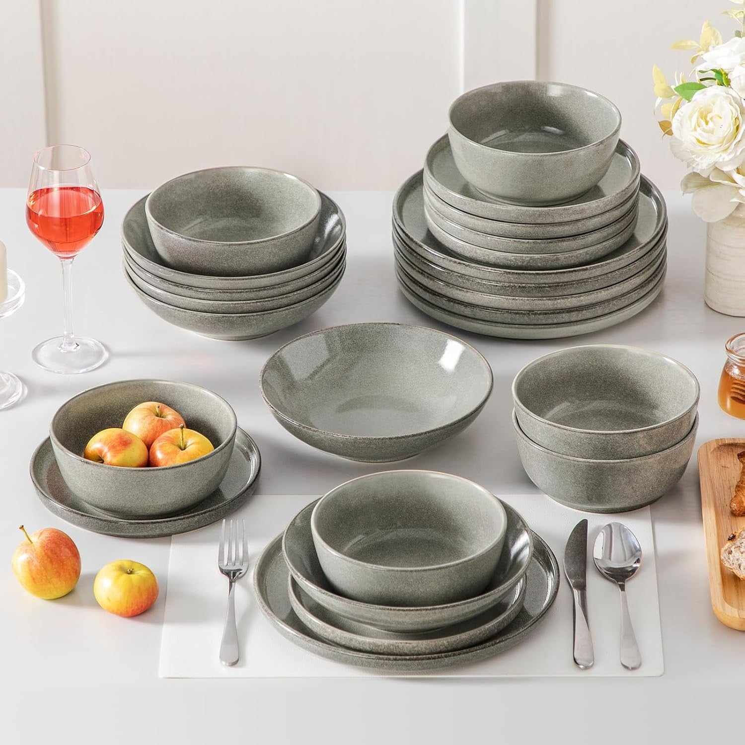 24pc Ceramic Dinner Set Brown Plates Bowls Microwave Dishwasher Safe