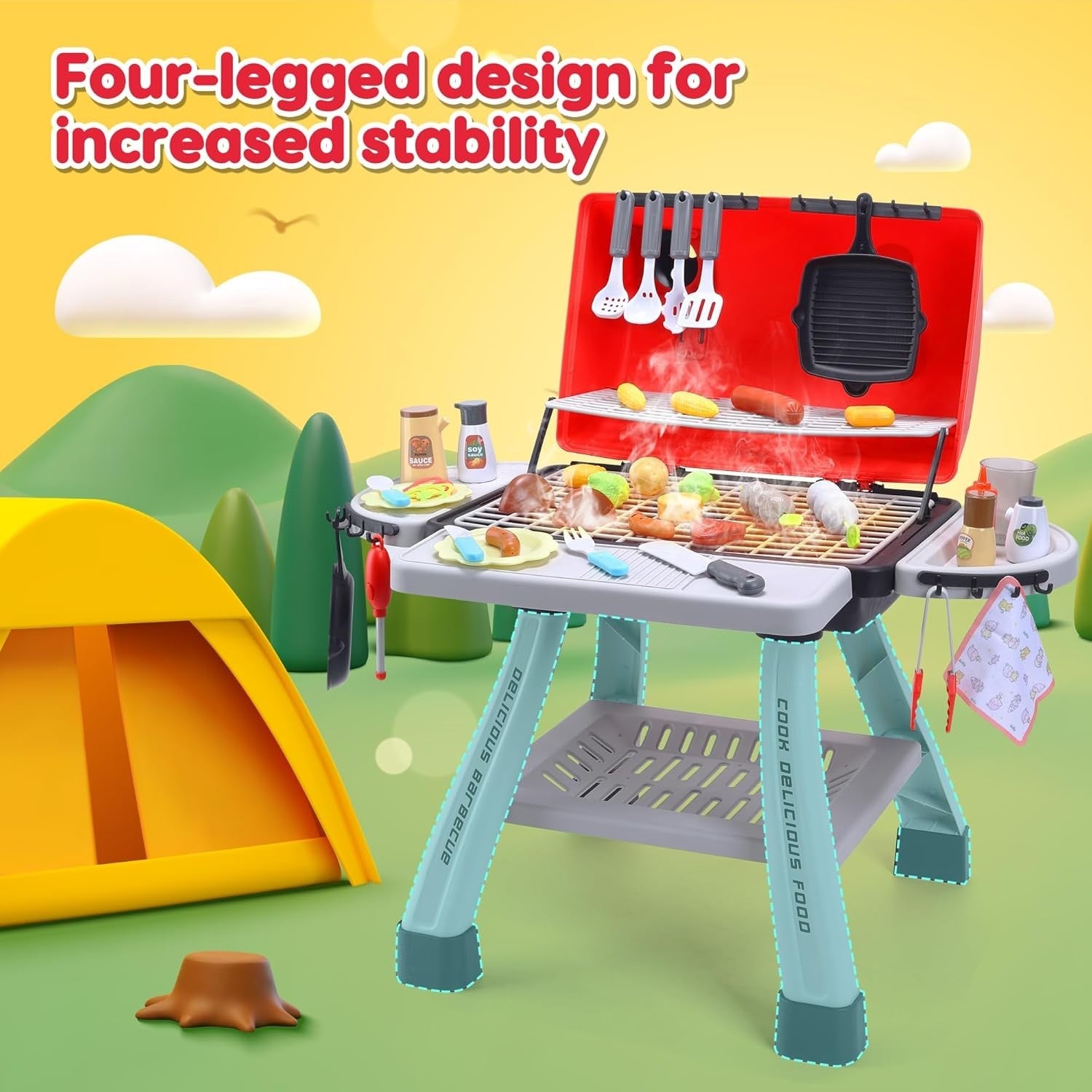 Kids BBQ Grill Playset Smoke Lights Sounds Pretend Kitchen Toy Set