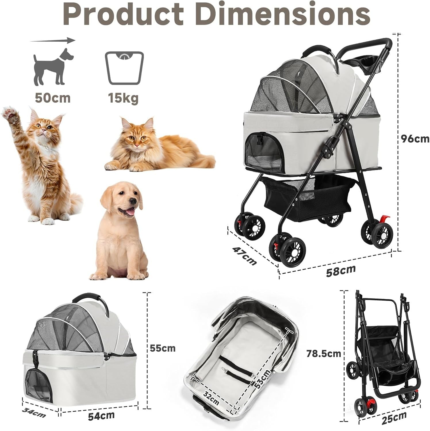 Pet Stroller 4 Wheel Foldable Pushchair for Small Dogs Cats up to 15kg
