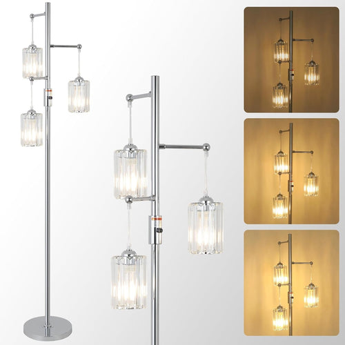 Dimmable Floor Lamp 3 Light Crystal Glass Standing Lamp Chrome Modern