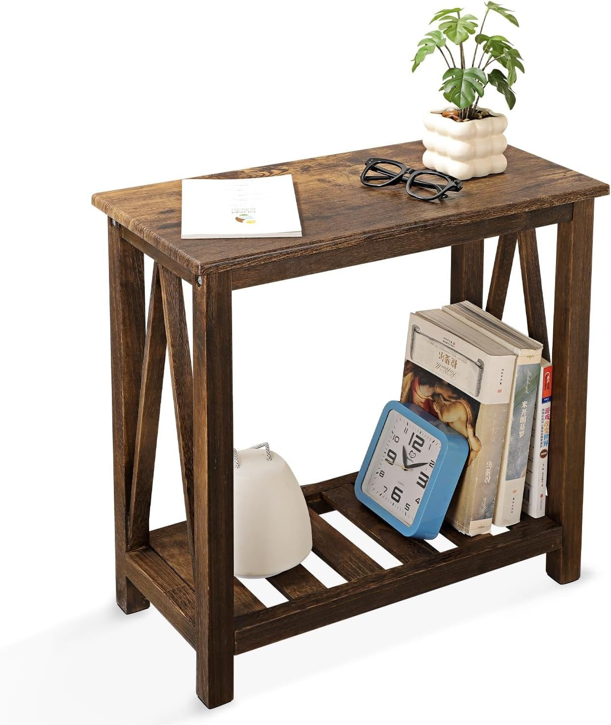 Narrow Brown Industrial Side Table with Storage Shelf, Compact Sofa Nightstand