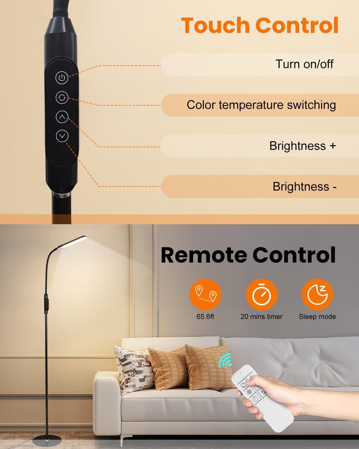 LED Floor Lamp Reading Light Remote Touch Dimmable Gooseneck Standing Lamp