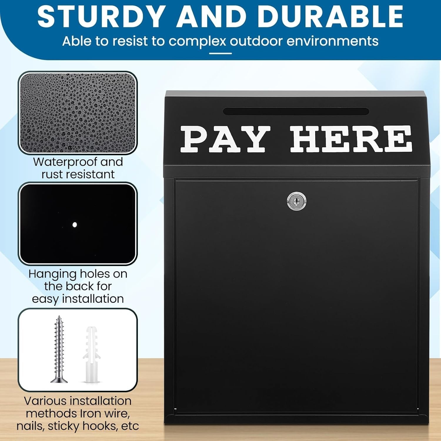 Lockable Cash Drop Box Wall Mount Donation Collection Safe Pay Here