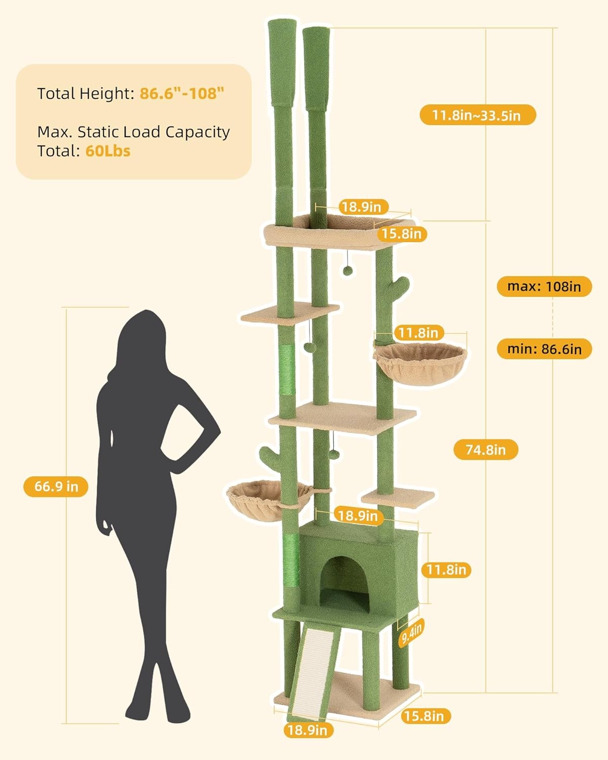 Floor to Ceiling Cat Tree 220–274cm Adjustable Tall Cat Tower Hammock Condo