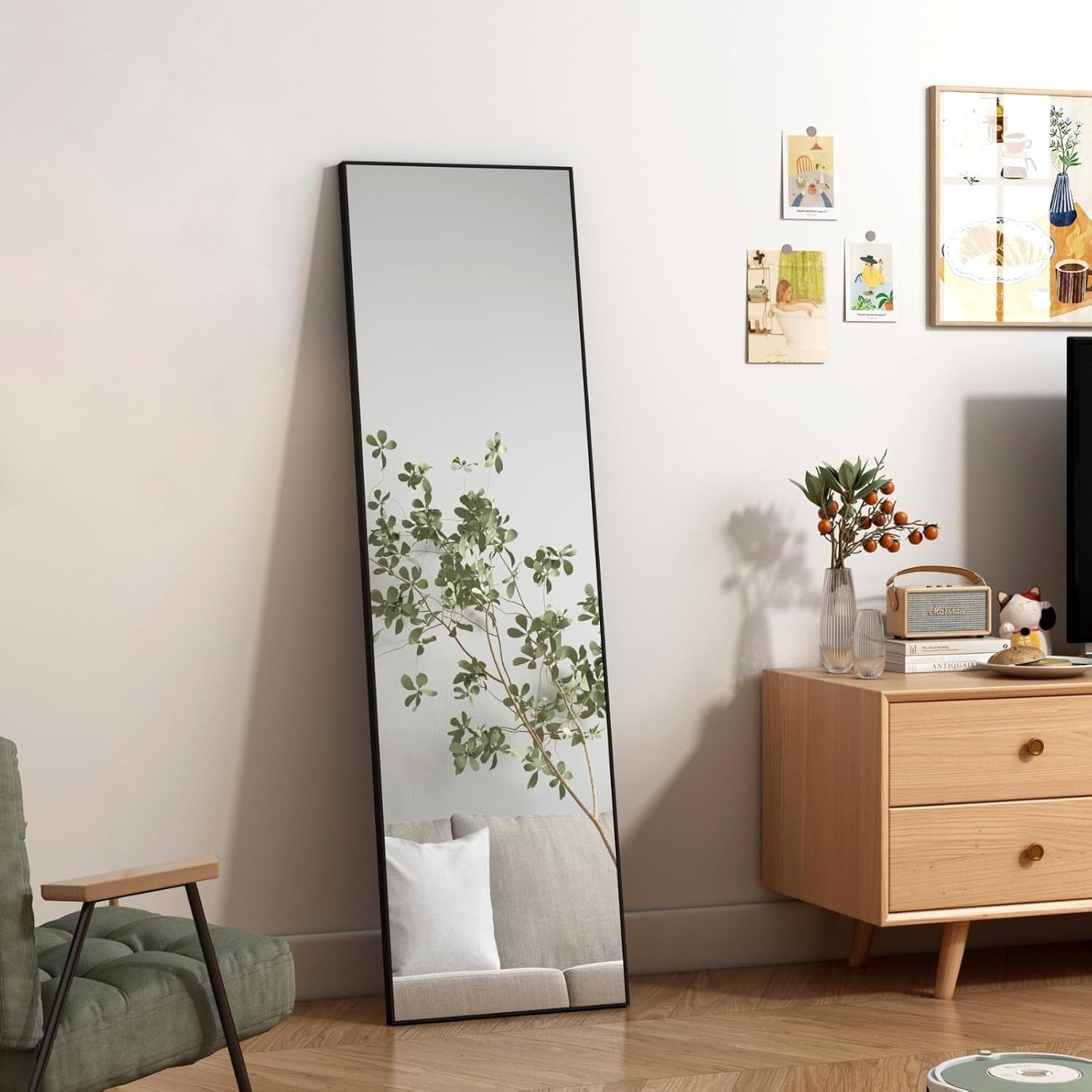Full-Length Standing Mirror 140x41 cm Black Frame Floor or Wall Mount