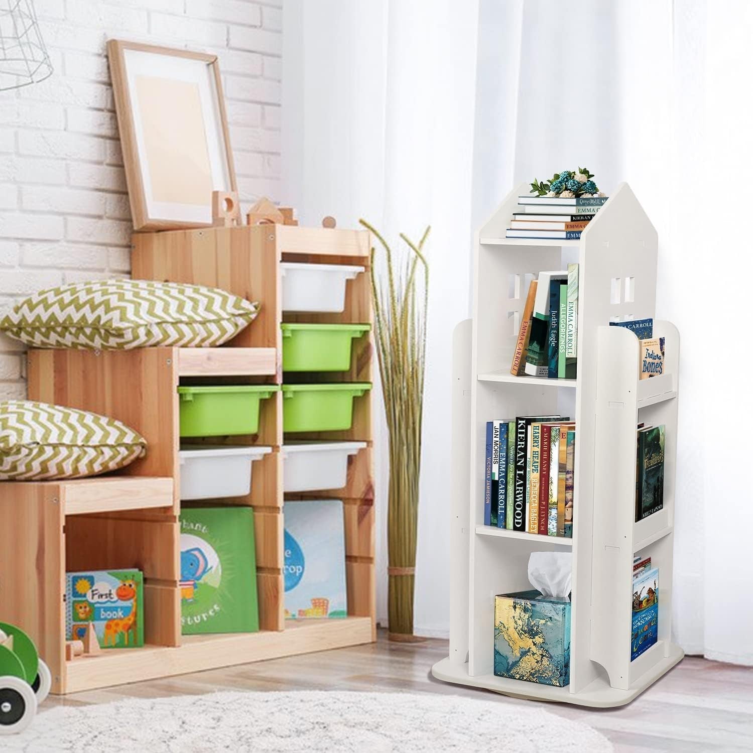 360° Rotating 3-Tier Kids Bookshelf Swivel Storage Rack for Bedroom Office
