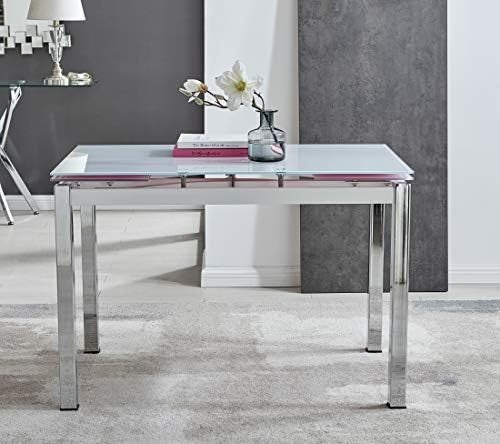 Modern White Glass Extending Dining Table Rectangular Chrome Legs