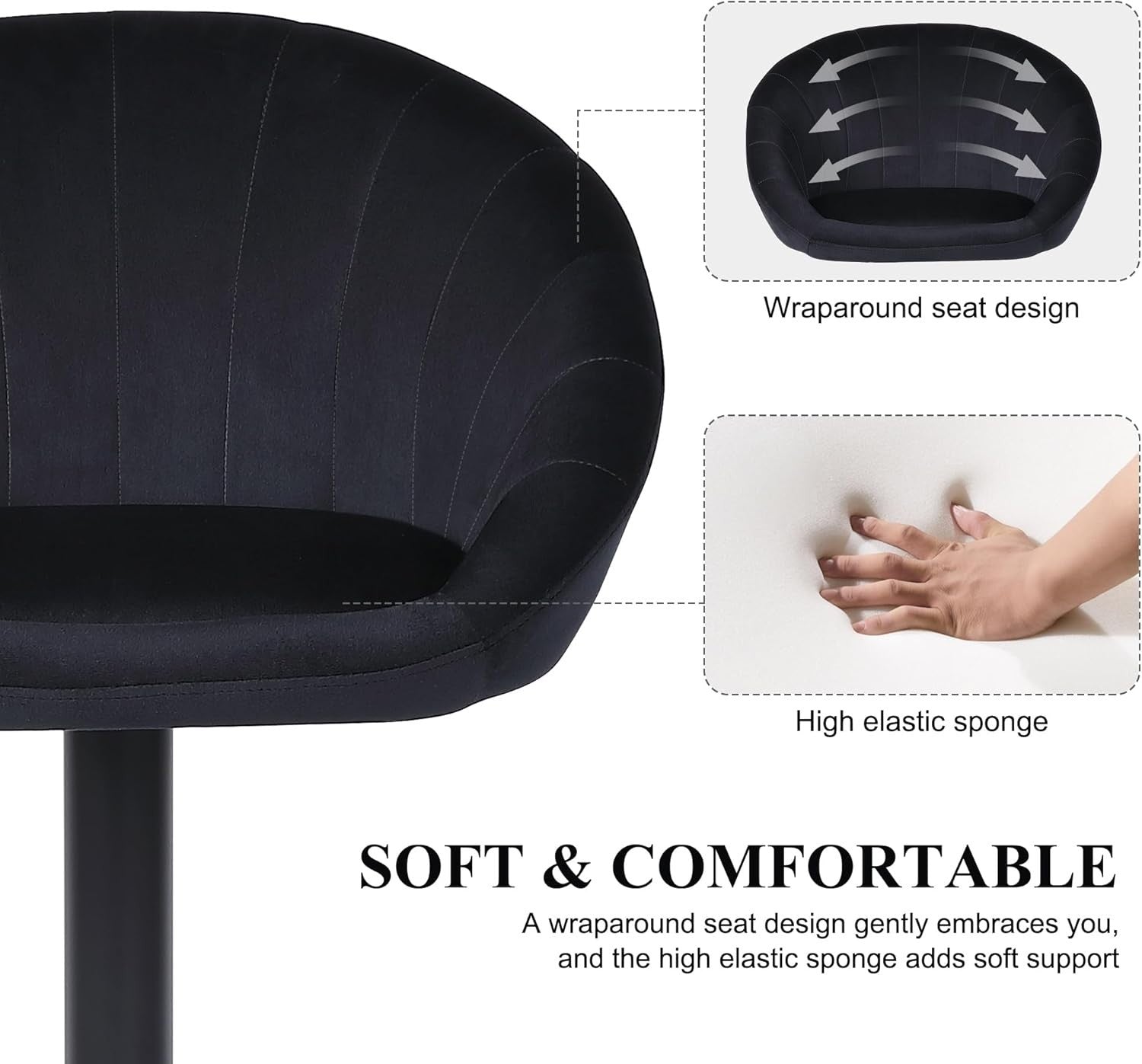 Adjustable Velvet Bar Stools Set of 2 | Black Swivel Kitchen Counter Chairs
