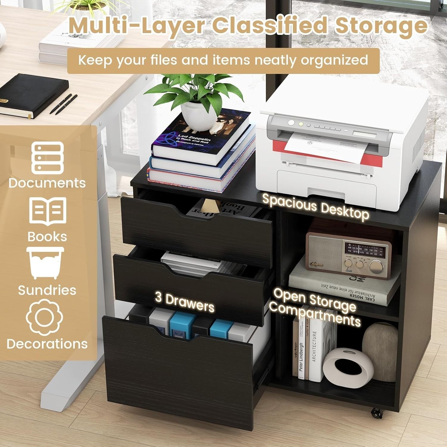 Lateral Mobile Filing Cabinet 3 Drawer A4 Printer Stand Black
