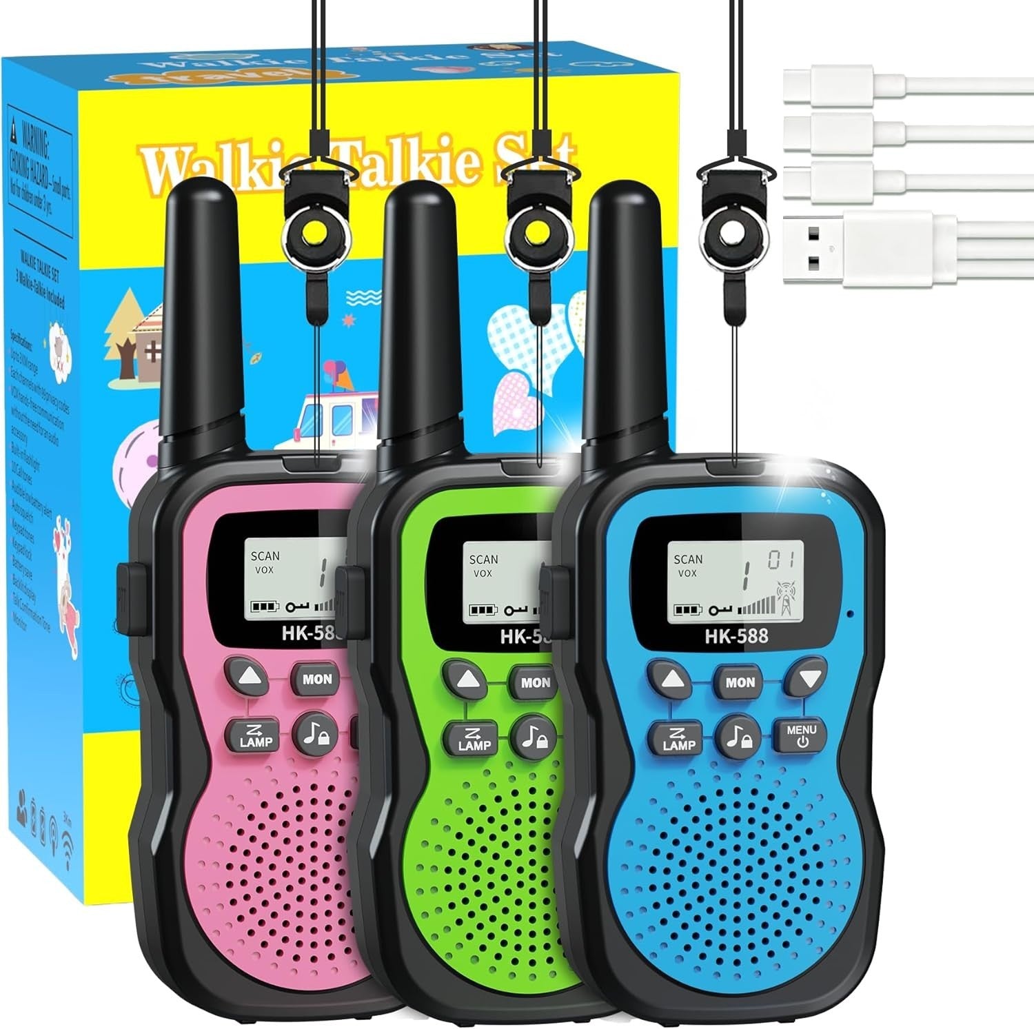 Kids Rechargeable Walkie Talkies 3 Pack 3KM Range 22CH LED Flashlight