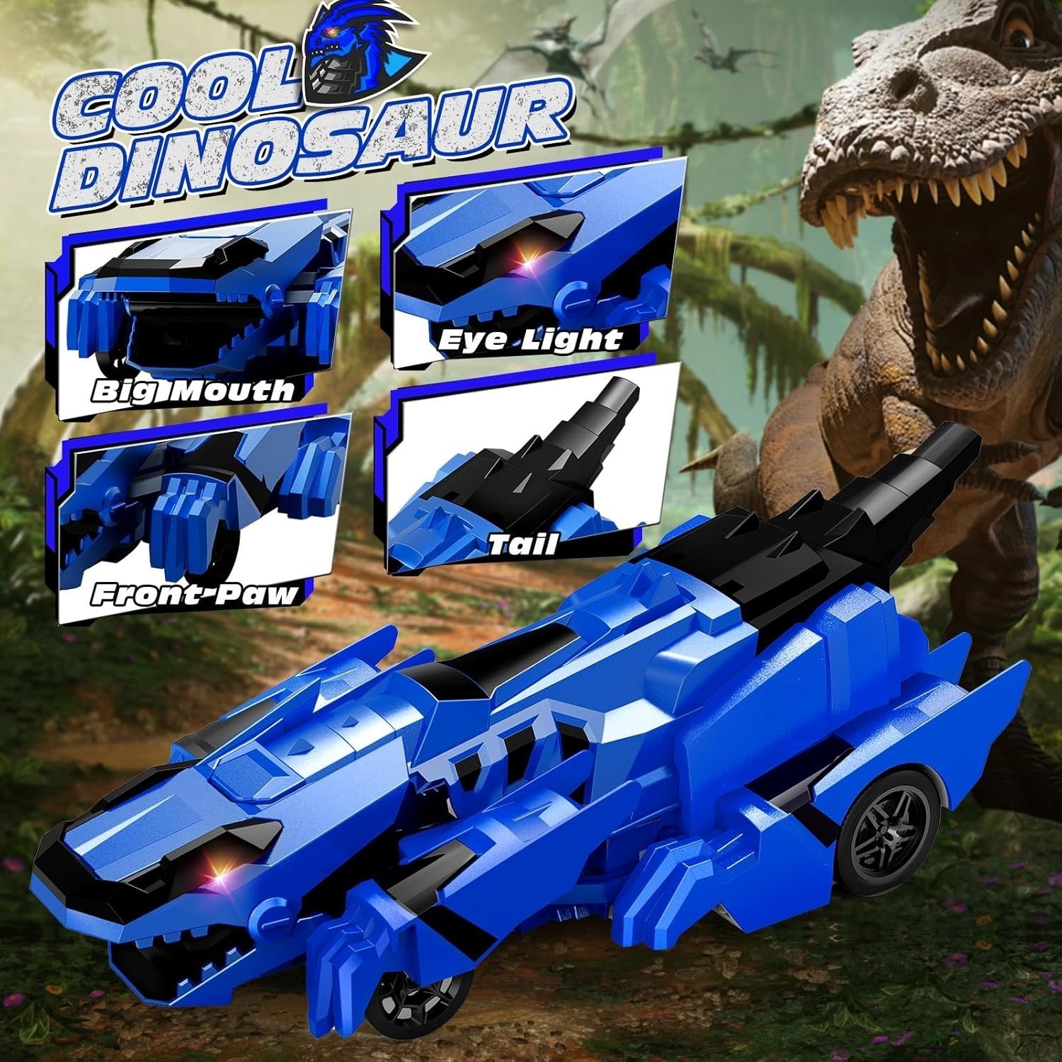 RC Dinosaur Robot Car 2-in-1 Transform Remote Control Toy 360° Spin LED Kids