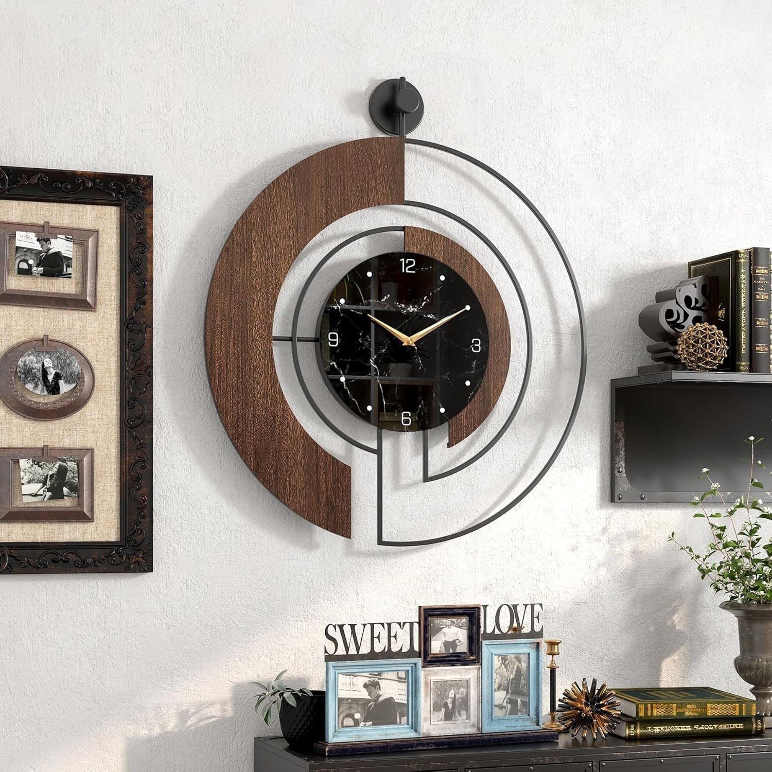 Modern Walnut Marble Dial Wall Clock Silent Non-Ticking Large 60cm Decor