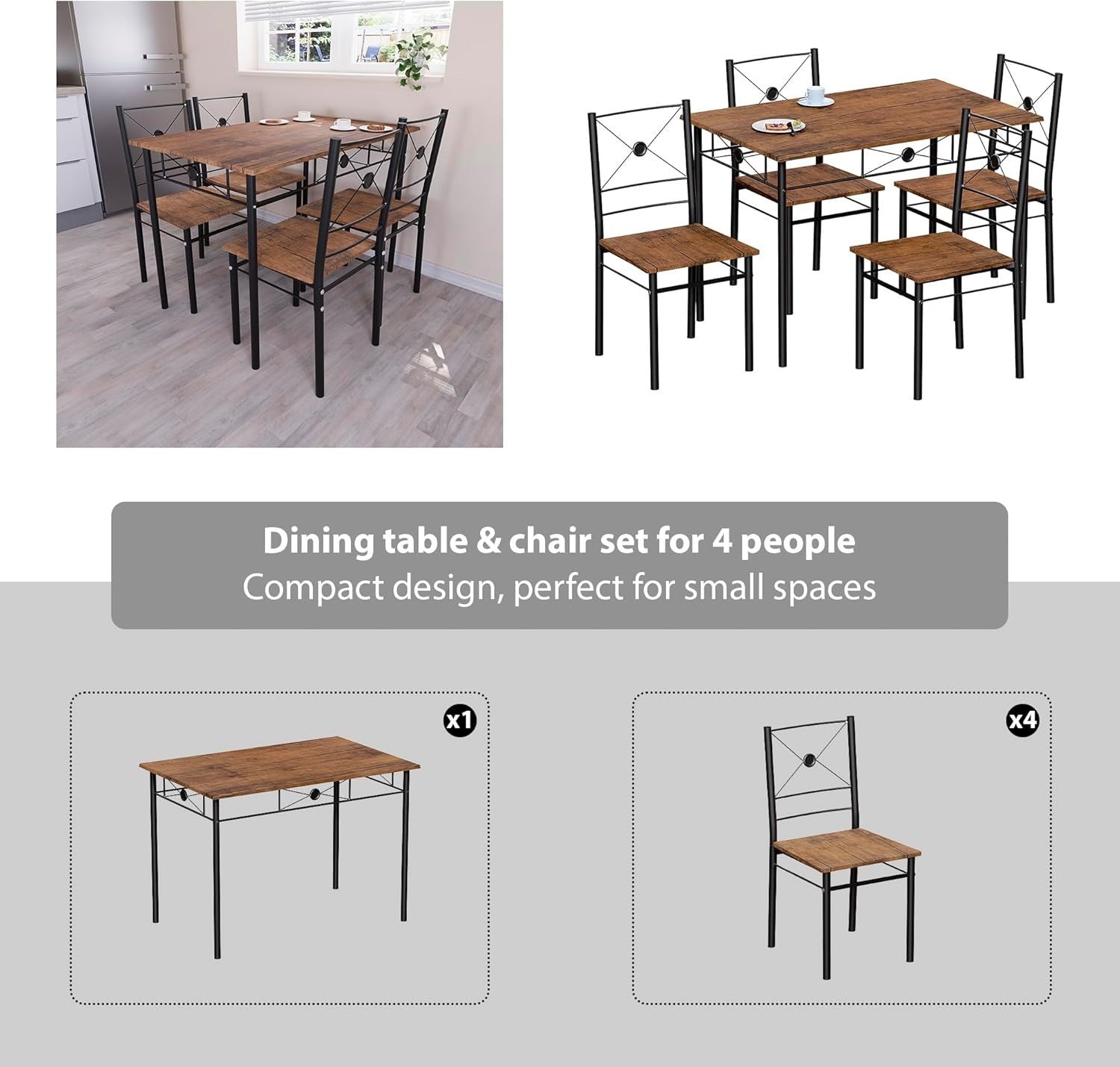 Compact Dark Wood 4-Seater Dining Table Set | Space-Saving Kitchen Furniture
